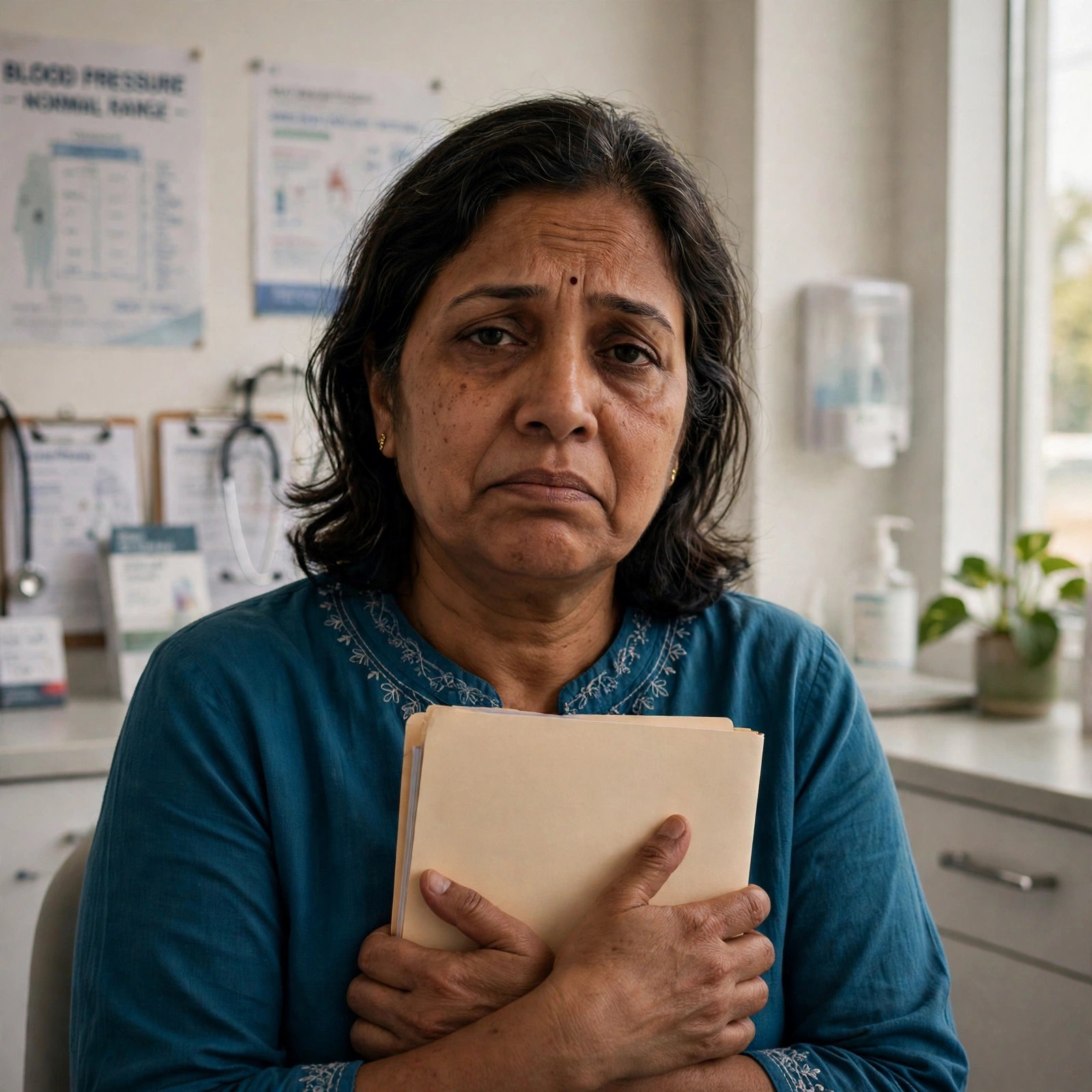 Woman looking tired and unwell, clutching a folder